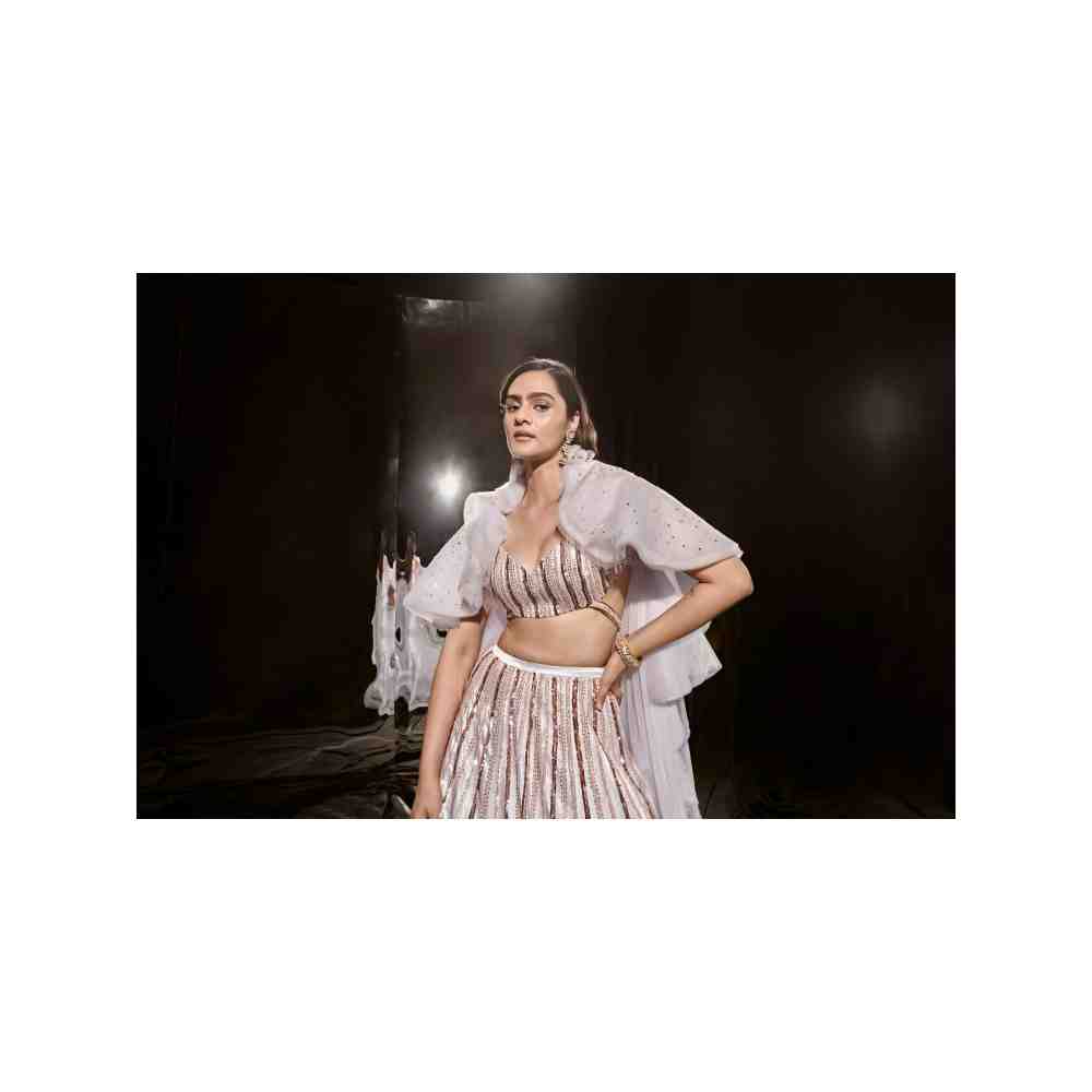 Masumi Mewawalla Ice Blue Embroidered Lehenga Blouse with Ruffle Cape (Set of 3)