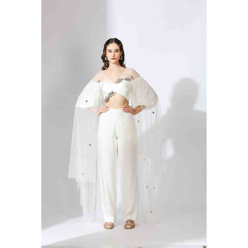 Masumi Mewawalla White Embellished Off Shoulder Top & Pant with Drape (Set of 3)