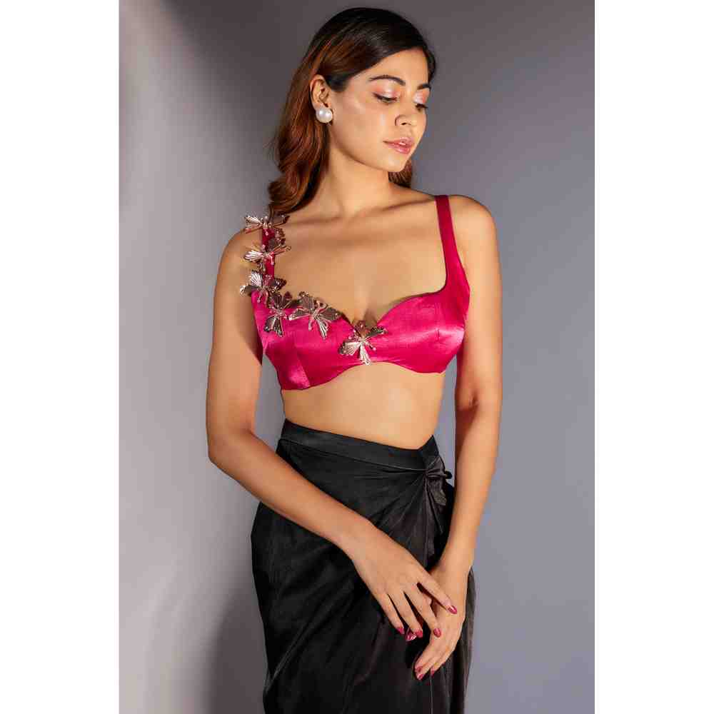 Masumi Mewawalla Pink Embellished Blouse with Black Draped Skirt (Set of 2)