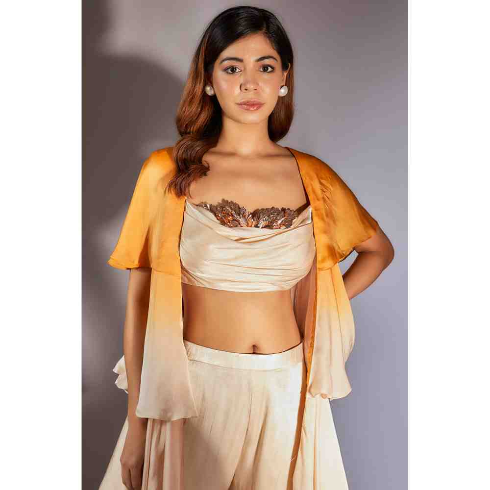 Masumi Mewawalla Mustard to Beige Ombre Ruffle Jacket with Embroidered Pant (Set of 3)