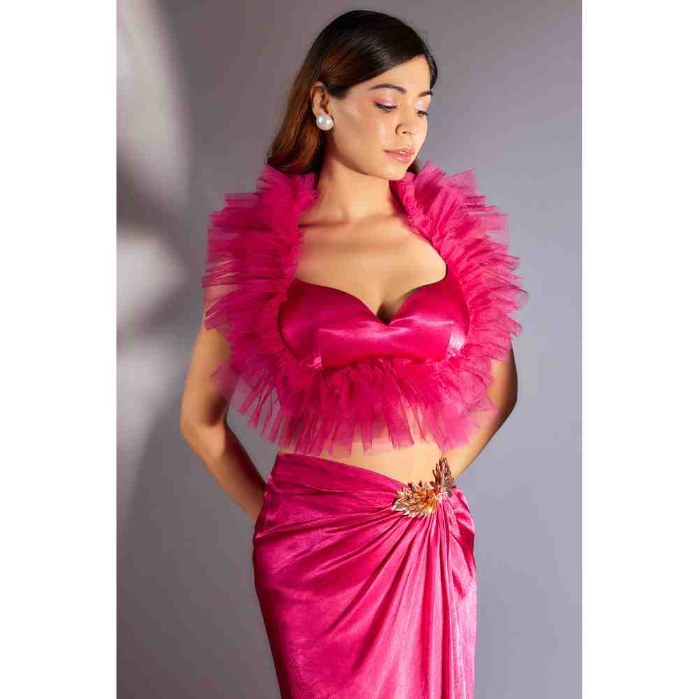 Masumi Mewawalla Hot Pink Ruffle Top with Embroidered Draped Skirt (Set of 2)