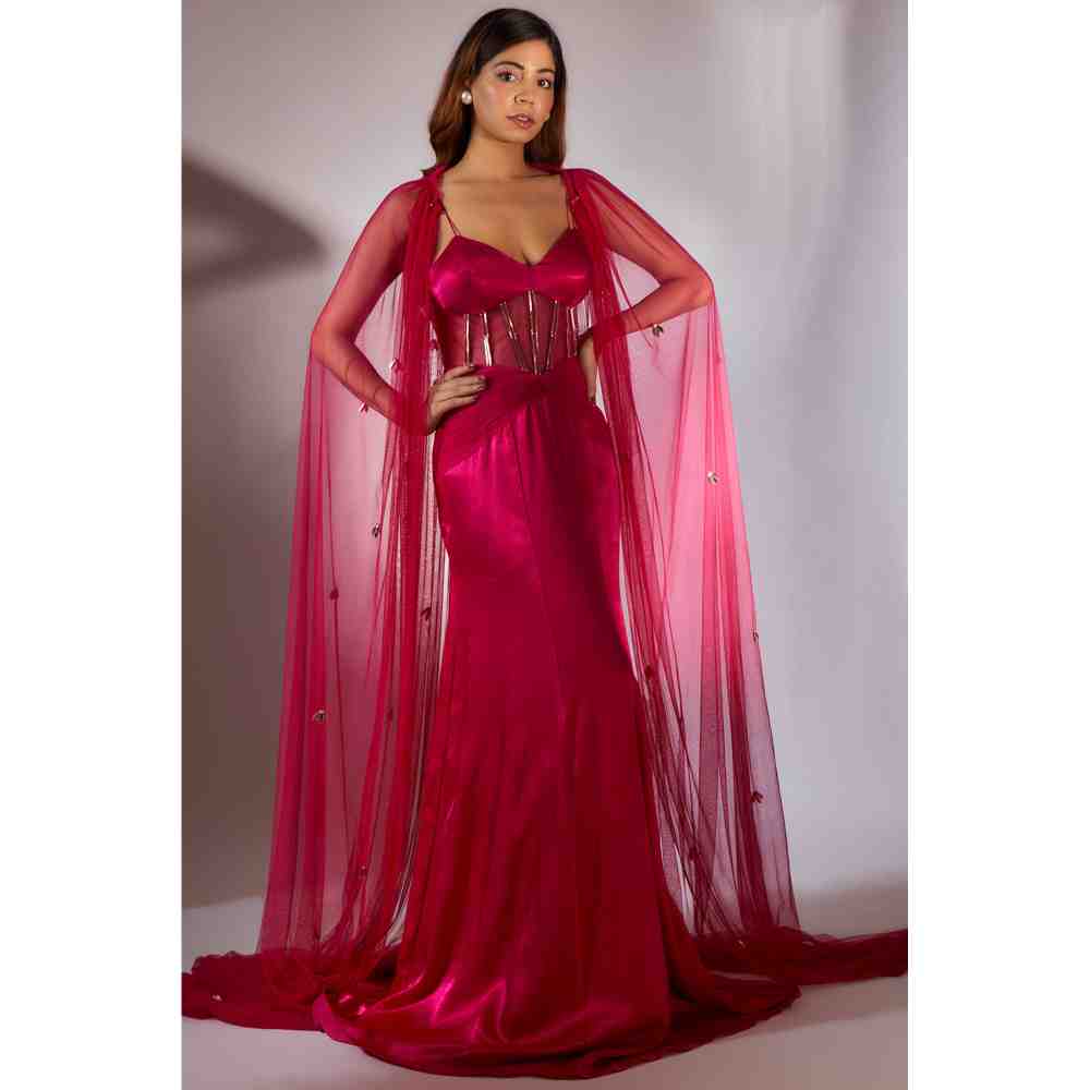 Masumi Mewawalla Hot Pink Solid Corset Gown with Cape (Set of 2)