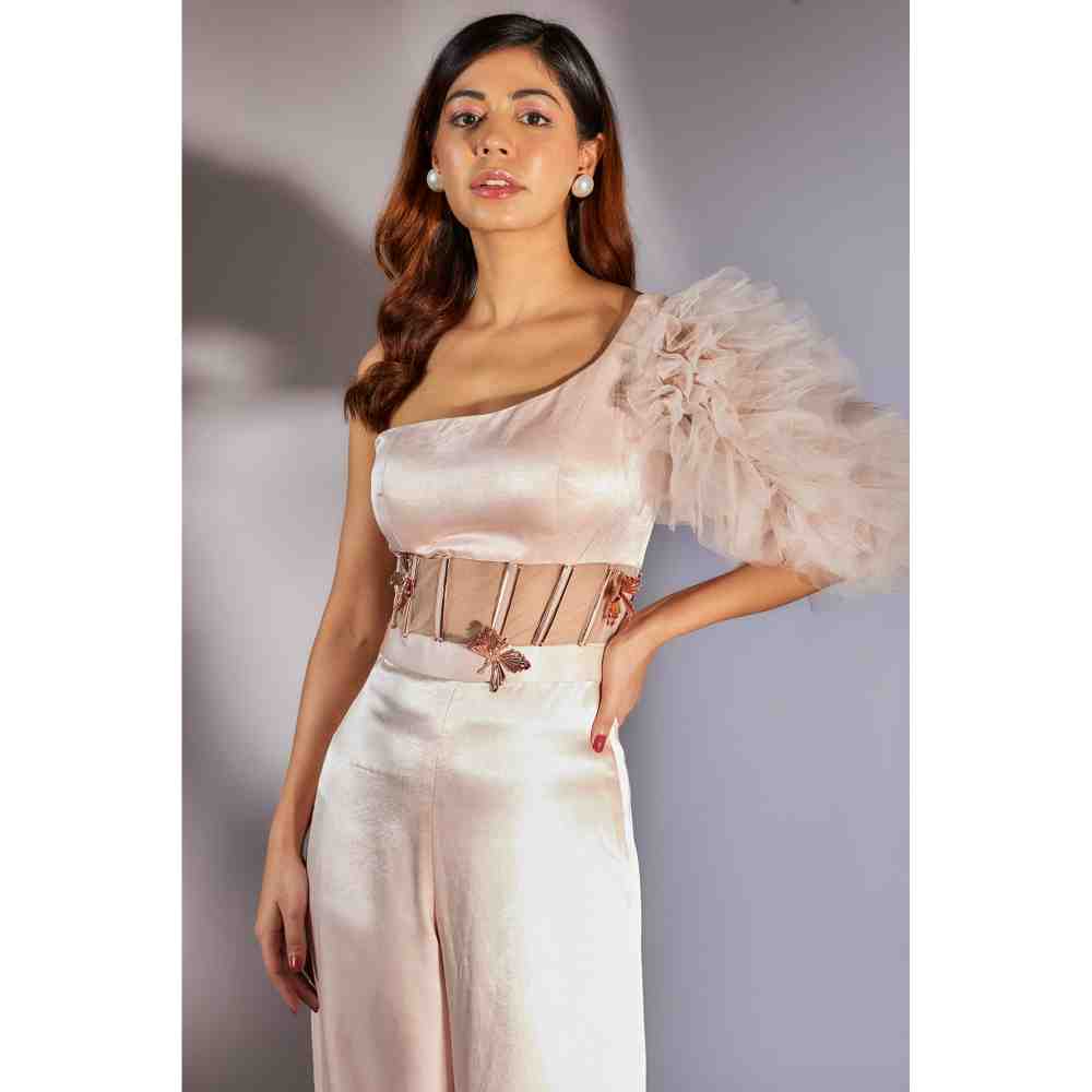 Masumi Mewawalla Baby Pink Solid One Shoulder Corset Jumpsuit