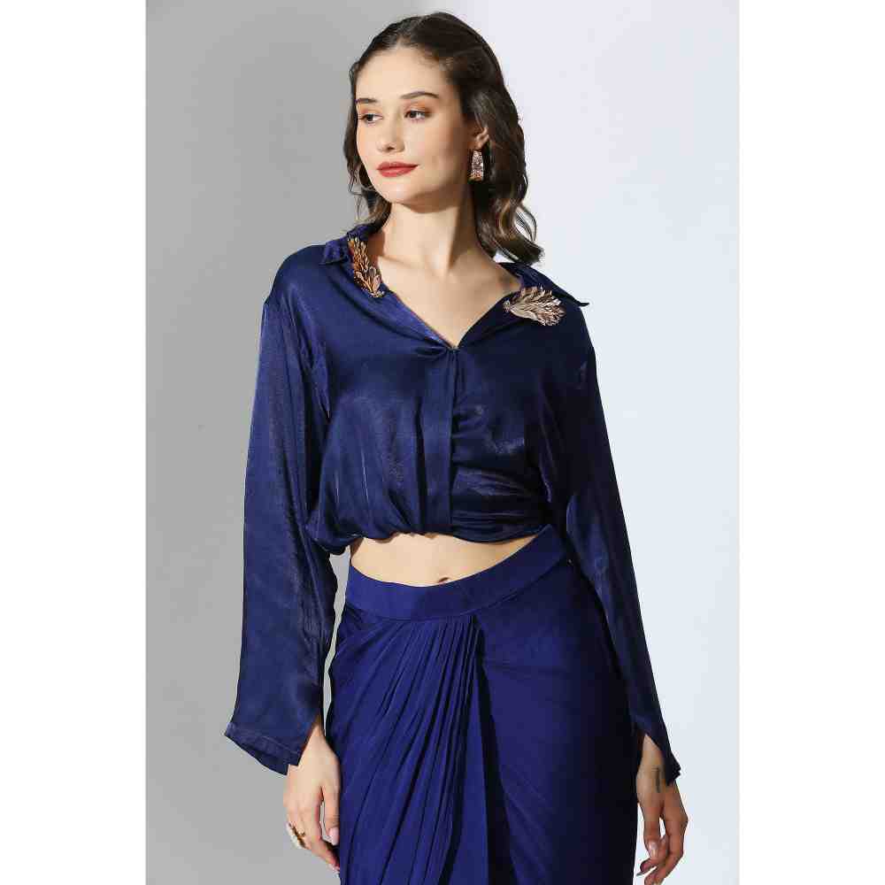 Masumi Mewawalla Royal Blue Embellished Draped Shirt with Skirt (Set of 2)