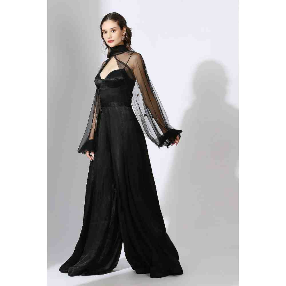 Masumi Mewawalla Black Jumpsuit with Embellished Net Poofy Sleeves (Set of 2)