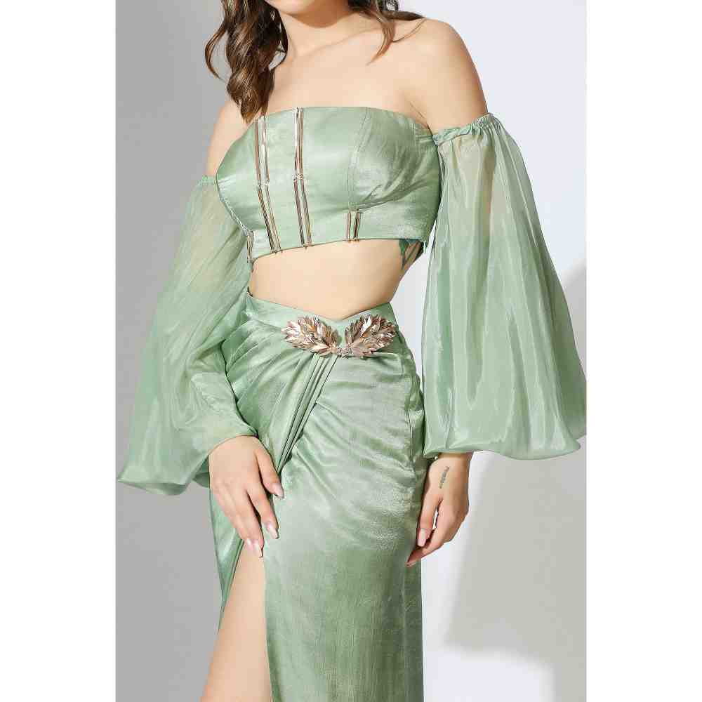 Masumi Mewawalla Sage Green Off Shoulder Corset Top with Draped Skirt (Set of 2)