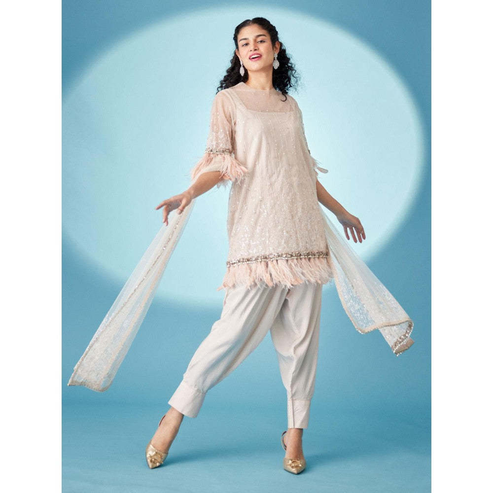 Medha Batra Embellished Cream Kurti With Dhoti Pant (Set of 3)