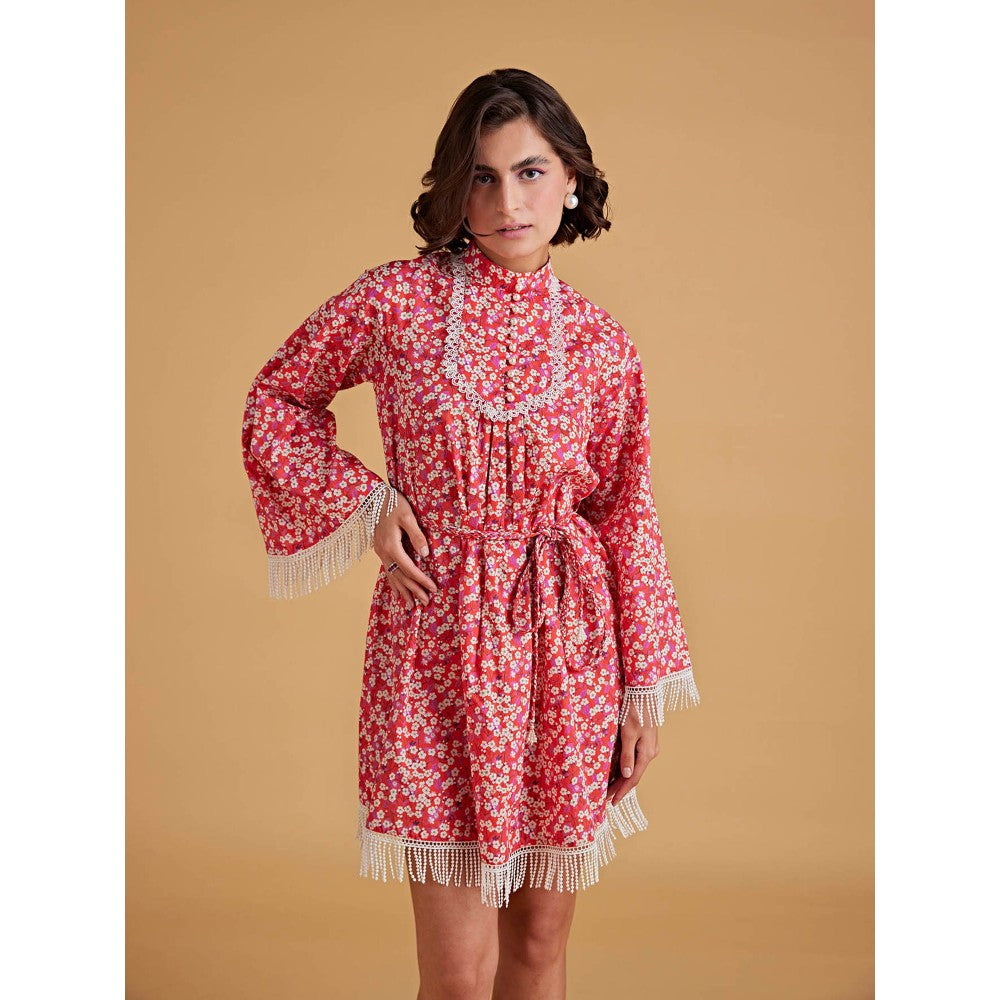 Medha Batra Raglan Bell Sleeve, Mini Dress Fringe Braided Belt