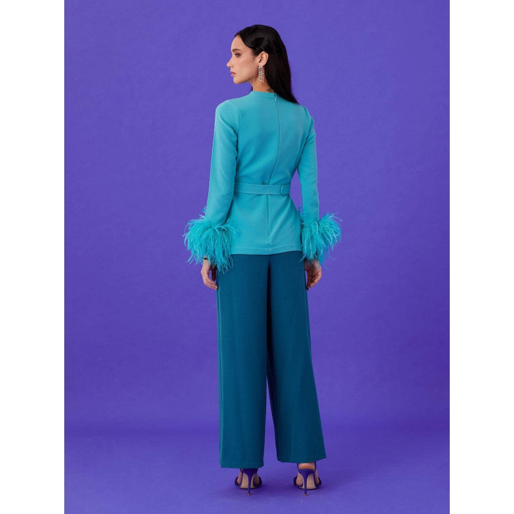 Medha Batra Green Solid Top With Embellished Sleeves & Pant & Belt (Set of 3)