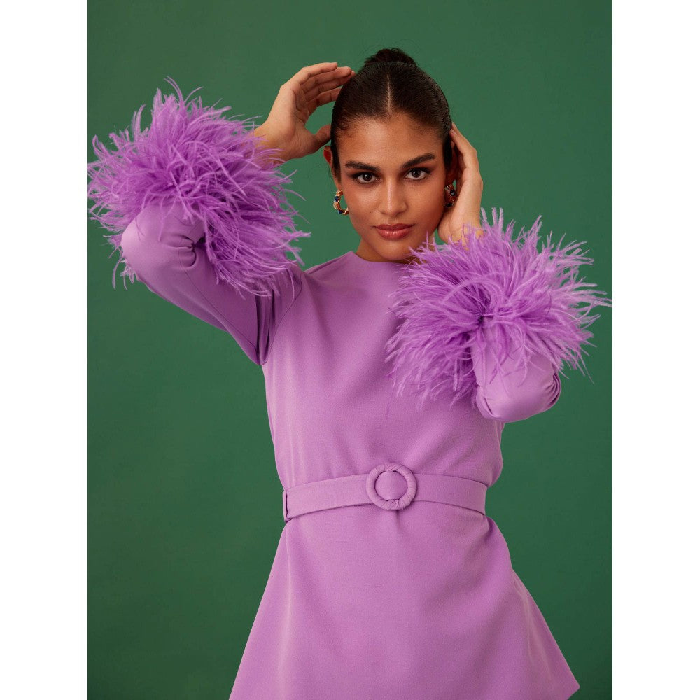 Medha Batra Lavender Solid Top With Embellished Sleeves & Pant & Belt (Set of 3)