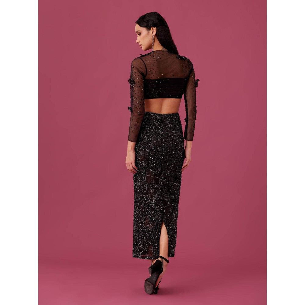 Medha Batra Black Net Embroidered Butterfly Crop Top With Skirt (Set of 2)