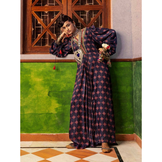 Nadima Saqib Blue Printed and Embroidered Kaftan