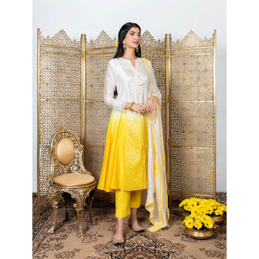 Nadima Saqib Yellow-White Embroidered Kurta (Set of 3)