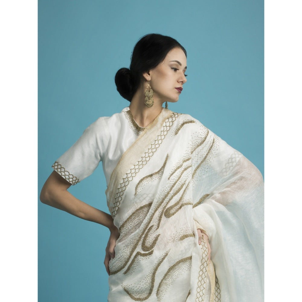 Saksham & Neharicka Ivory Embroidered Linen Silk Saree With Blouse Piece
