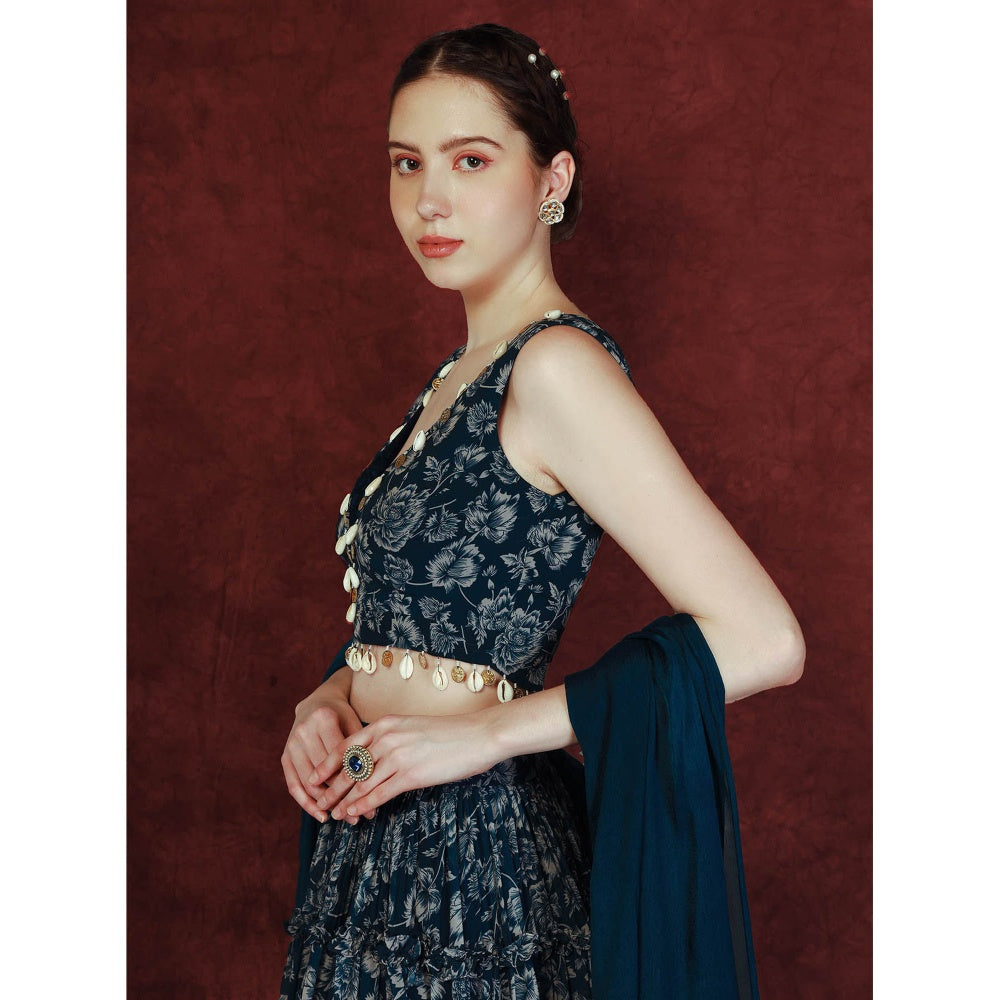 Neha Khullar Printed Lehenga - Navy Blue (Set of 3)