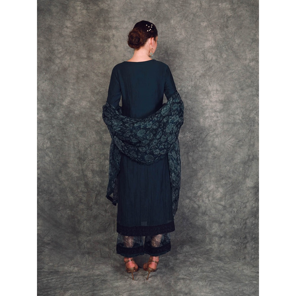 Neha Khullar Chanderi Kurta - Navy Blue (Set of 3)