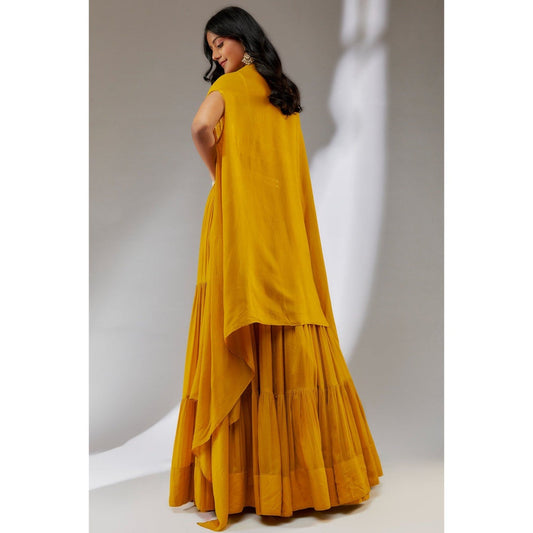 Neha Khullar Chiffon Yellow Embellished Lehenga with Choli and Cape (Set of 3)