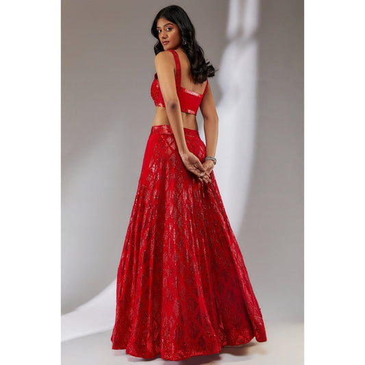 Neha Khullar Georgette Red Embellished Lehenga (Set of 3)