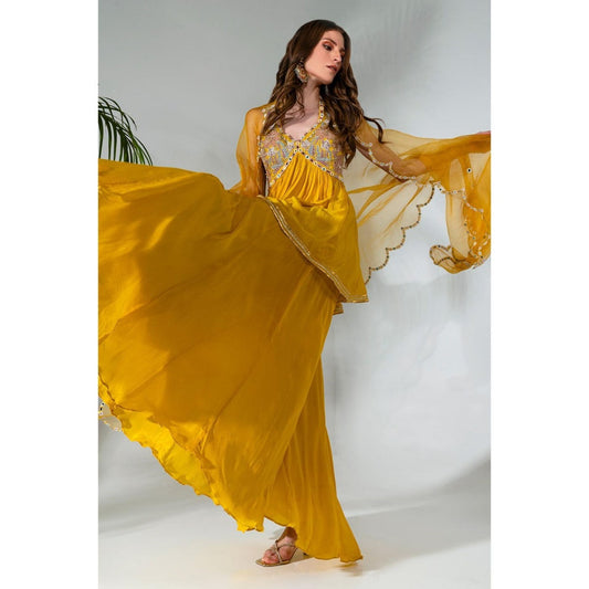 Neha Khullar Yellow Chiffon Kurti Sharara with Organza Dupatta (Set of 3)