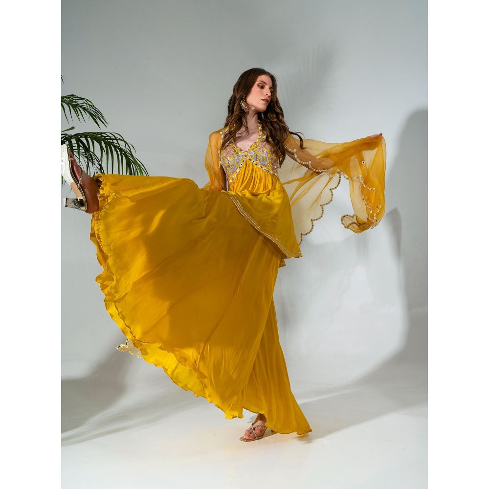 Neha Khullar Yellow Georgette Anarkali with Organza Dupatta (Set of 2)