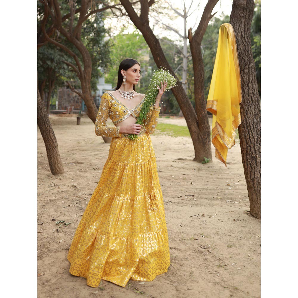 Neha Khullar Yellow Tissue Chanderi Lehenga Blouse with Organza Dupatta (Set of 3)