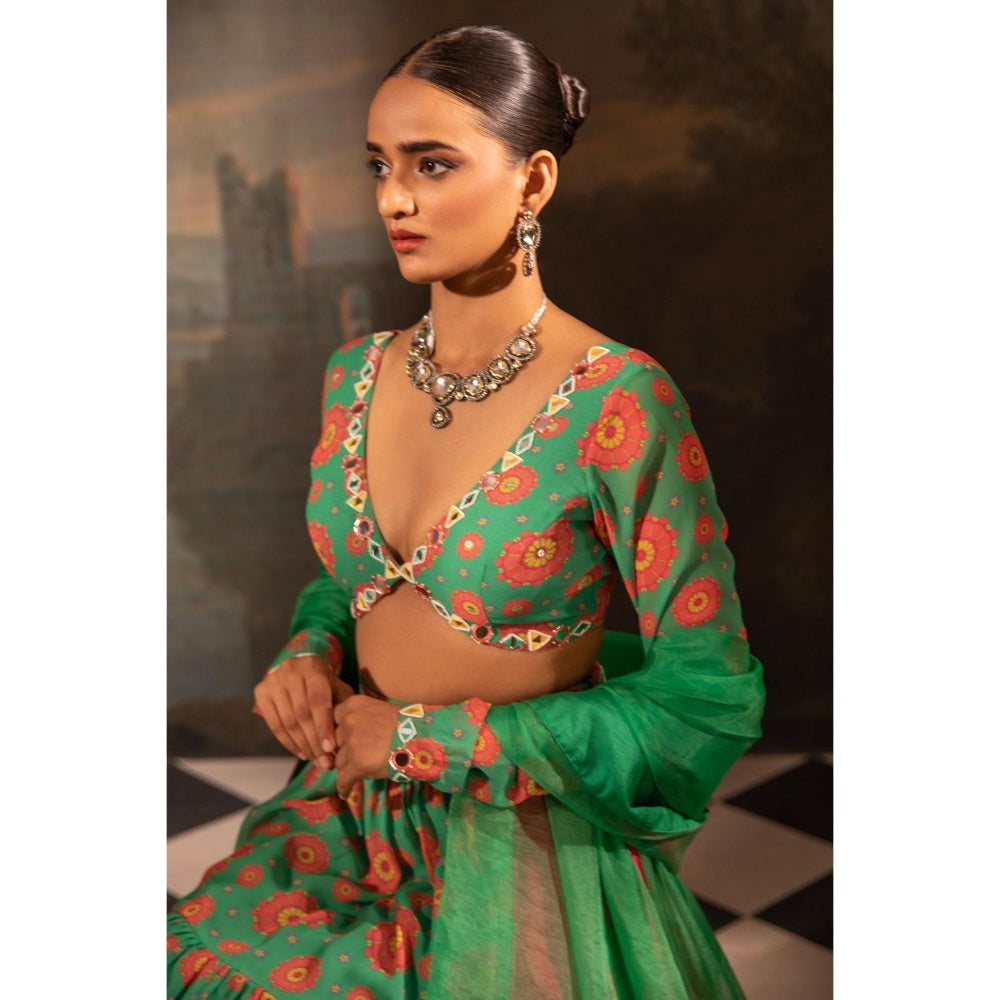 Neha Khullar Green Georgette Lehenga Blouse with Dupatta (Set of 3)