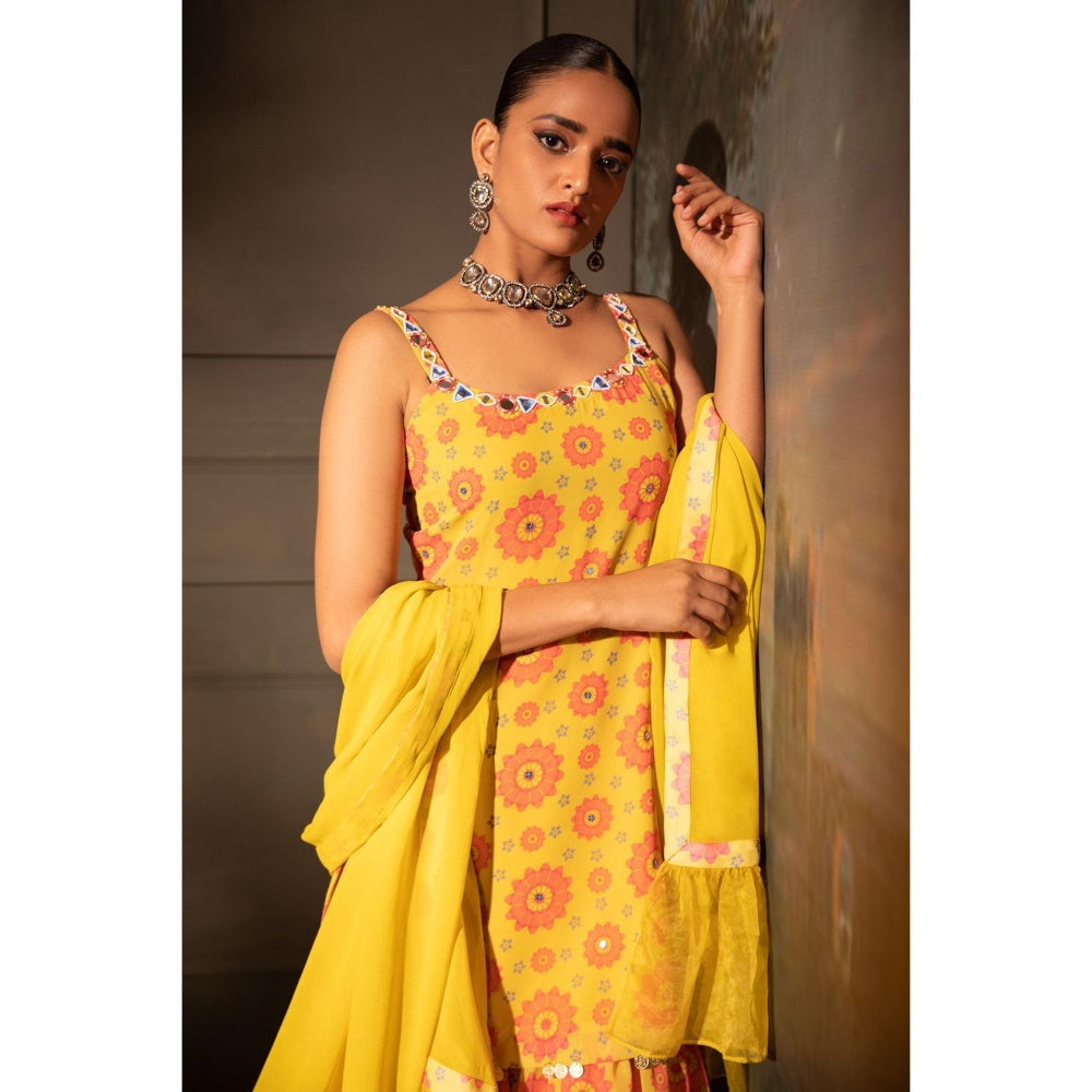 Neha Khullar Yellow Georgette Kurti Sharara with Dupatta (Set of 3)