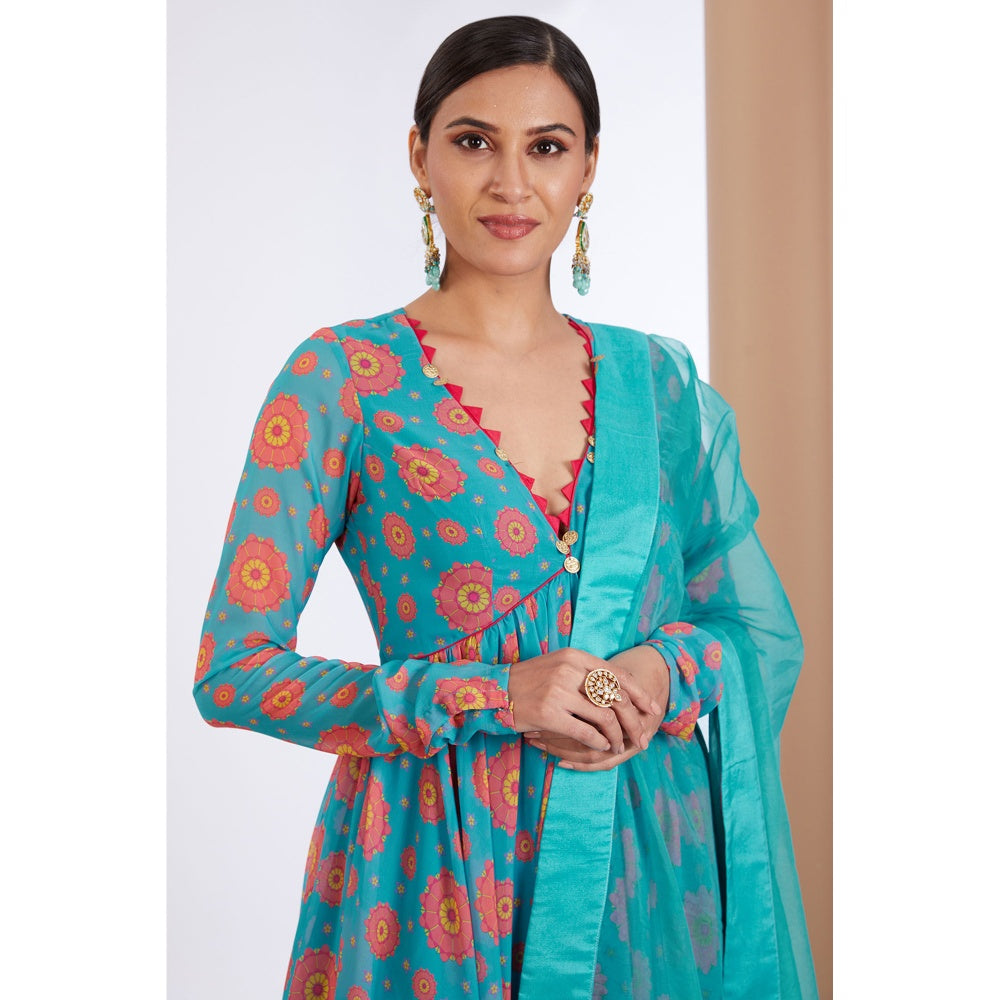 Neha Khullar Printed Blue V Neck Anarkali Kurta Pant & Dupatta (Set of 3)