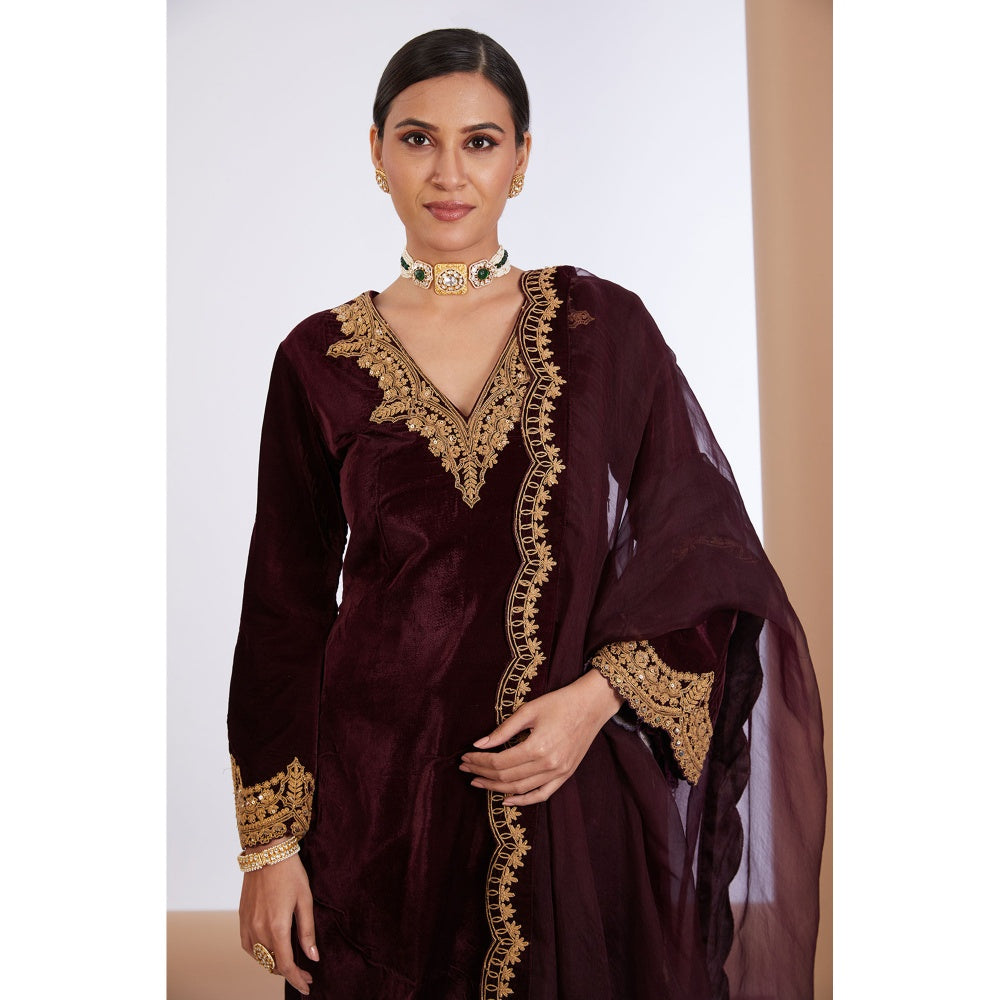 Neha Khullar Wine Embroidered Kurta Pant & Dupatta (Set of 3)