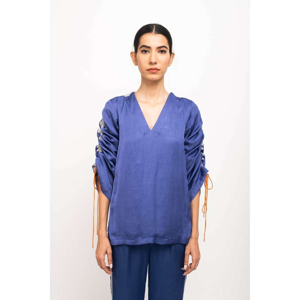 NEORA BY NEHAL CHOPRA Navy Blue & Grey Rouching Co Ord (Set of 2)