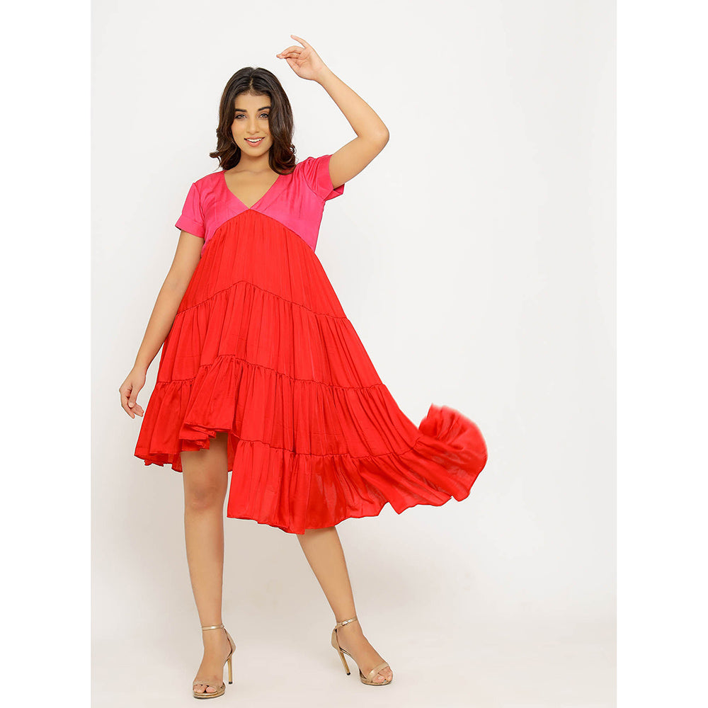 NEORA BY NEHAL CHOPRA Red & Pink Asymmetrical Midi Dress