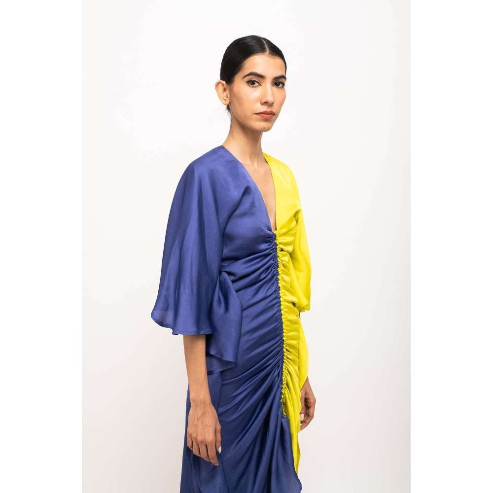 NEORA BY NEHAL CHOPRA Navy Blue & Yellow Kaftan Bodycon Midi Dress