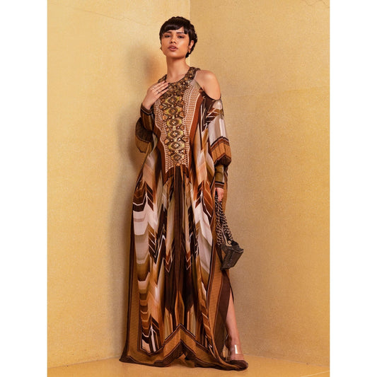 Nikita Mhaisalkar Sundown Coffee Kaftan with Hand Baroque In Metallic Elements and Stones