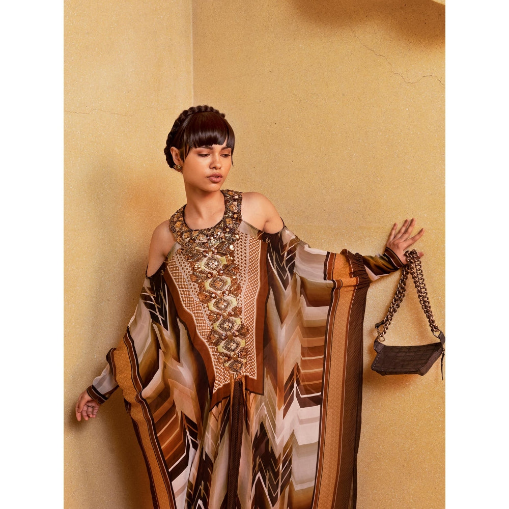 Nikita Mhaisalkar Sundown Coffee Kaftan with Hand Baroque In Metallic Elements and Stones