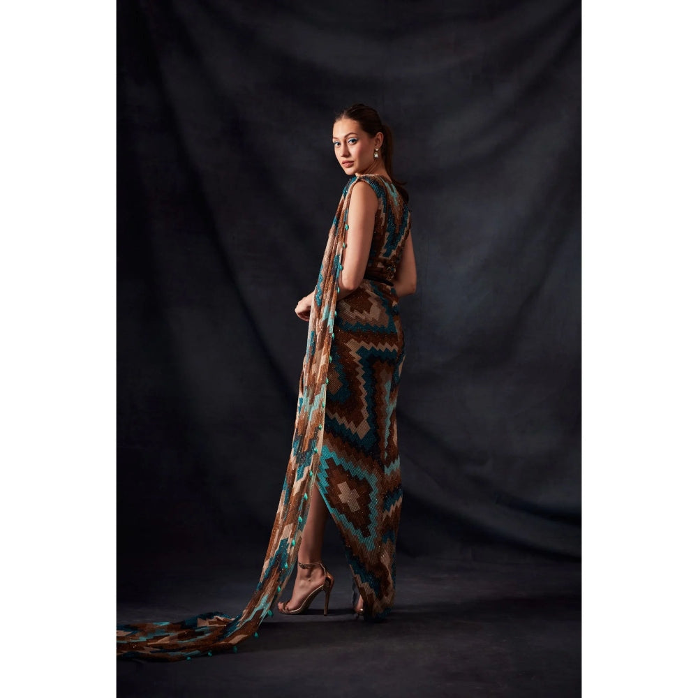 Nikita Mhaisalkar Turquoise Grid Print Drape Saree