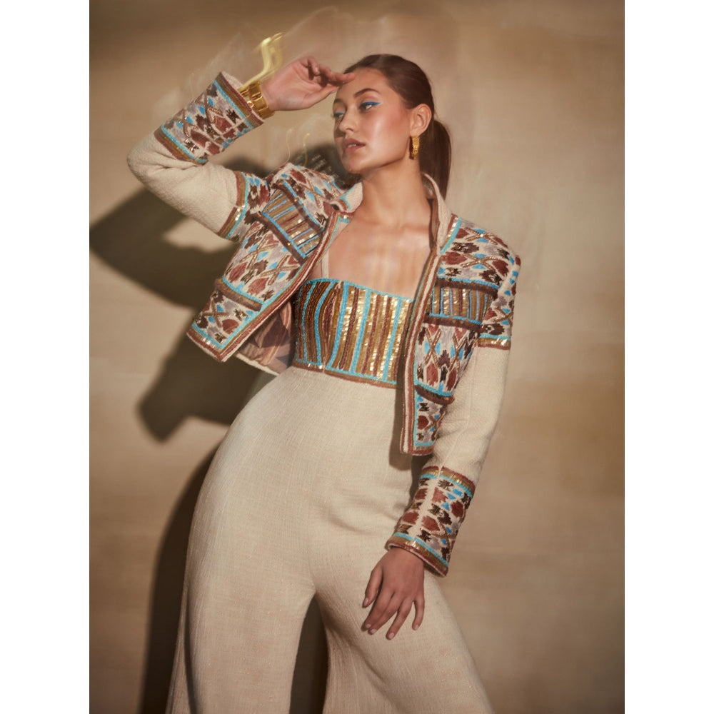 Nikita Mhaisalkar Off-White Jumpsuit with Rafia and Metallic Wire Embroidery