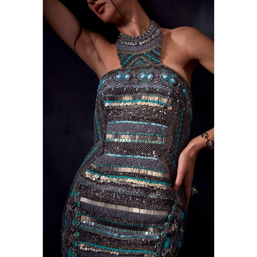 Nikita Mhaisalkar Grey Dress with Oxidised Gun Metal Embroidery