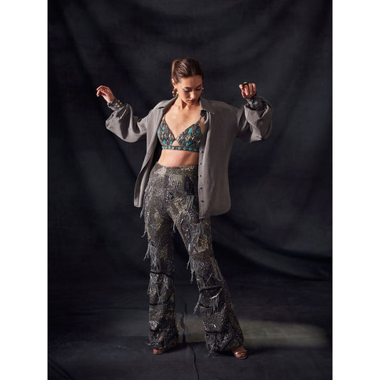 Nikita Mhaisalkar Grey Pants with Oxidised Gun Metal Embroidery