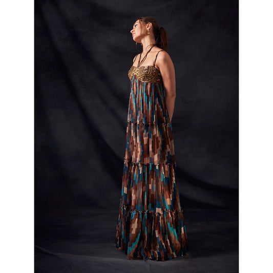 Nikita Mhaisalkar Turquoise and Multi - Colour Grid Print Maxi with Aged Old Embroidery