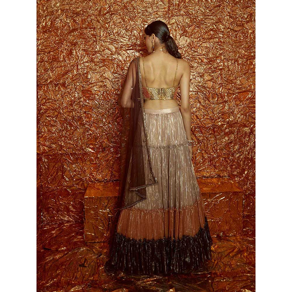 Nirmooha Tri Colour Tiered Lehenga with Embroidered Bustier and Dupatta (Set of 3)