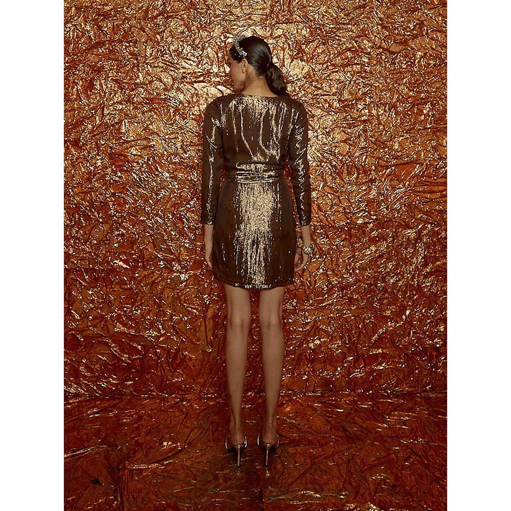 Nirmooha Brown Lurex Overlapping Draped Dress