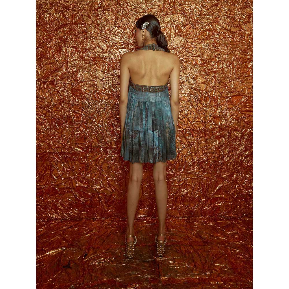 Nirmooha Printed Chiffon Tiered Mini Dress with Embellished Neckline