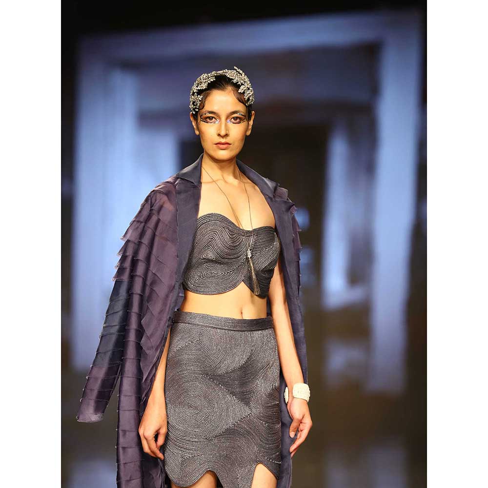 Nirmooha Lurex Corded Bustier Skirt and Organza Layered Jacket (Set of 3)