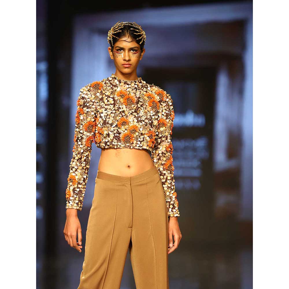 Nirmooha Embroidered Power Shoulder Crop Top with Straight Pants (Set of 2)