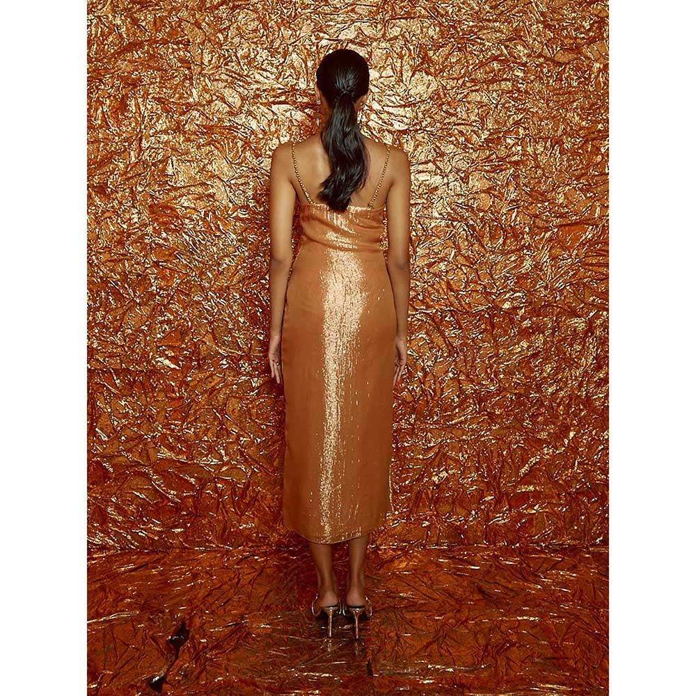 Nirmooha Tan Lurex Draped Dress