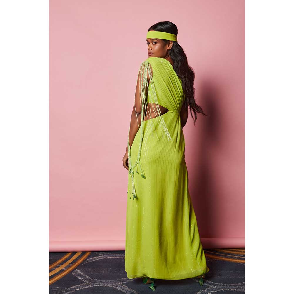 Nirmooha Lime Green Draped One Shoulder Cutout Dress with Hand Embroidered Tassel Fringe