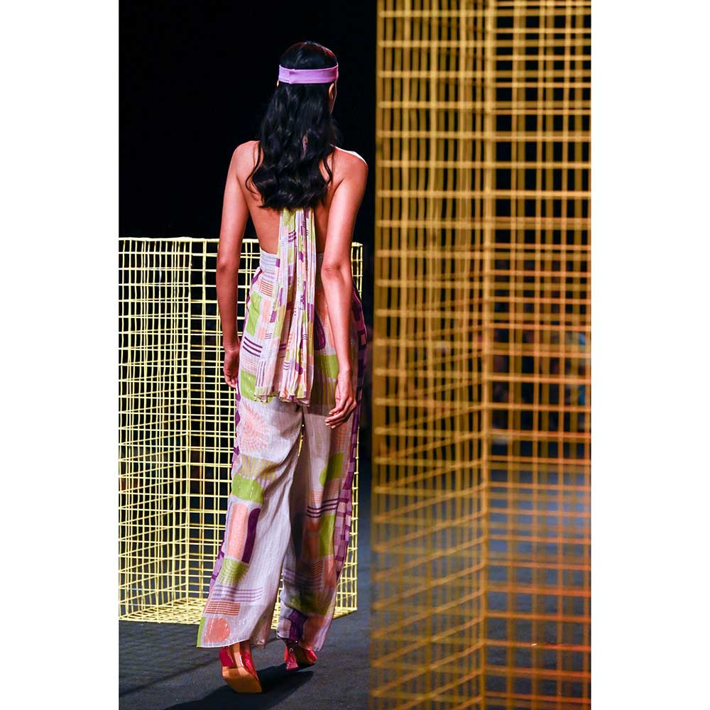 Nirmooha Geometric Printed Deep Halter Neck Tie up Jumpsuit