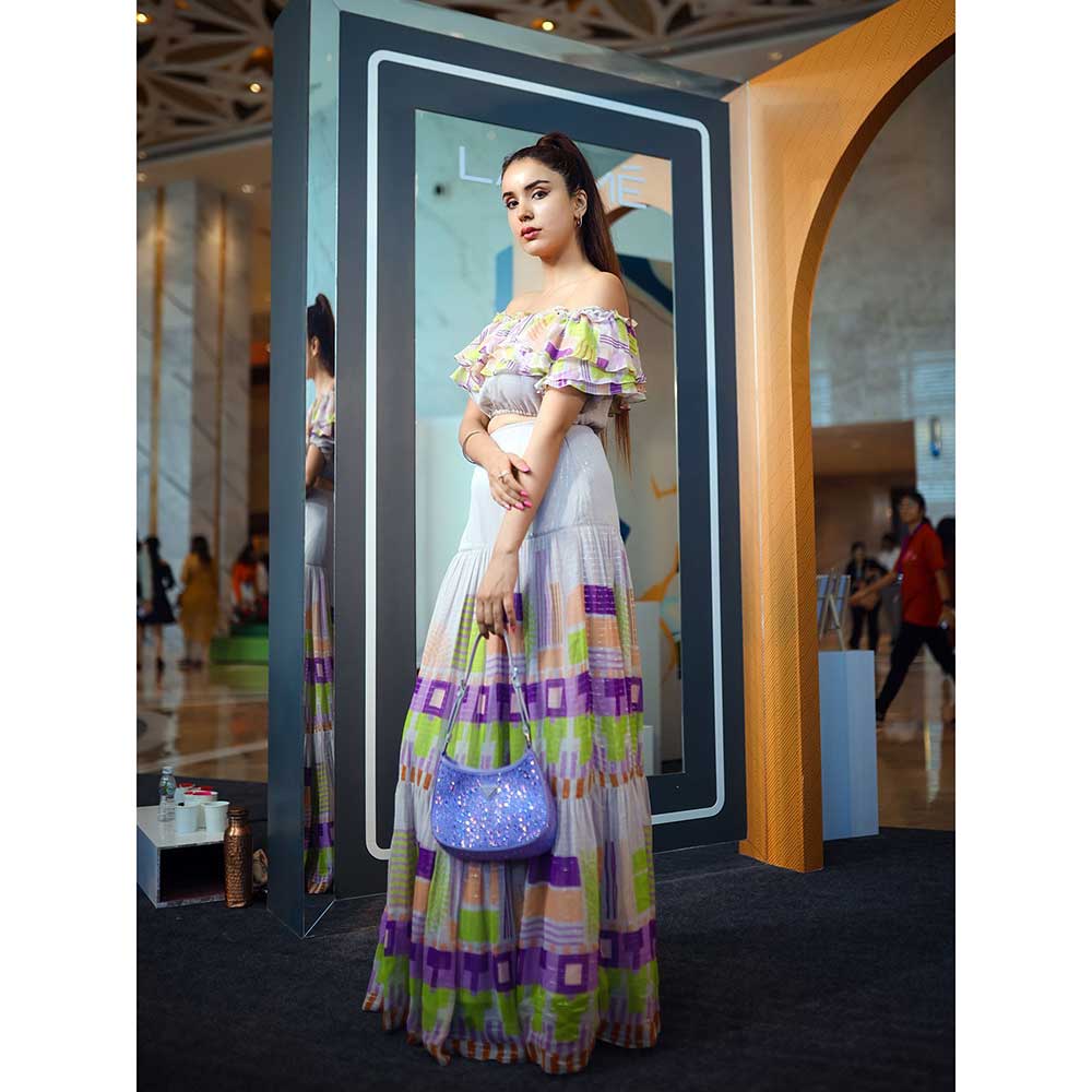 Nirmooha Geometric Printed Off Shoulder Crop Top Geometric Printed Tiered Skirt (Set of 2)