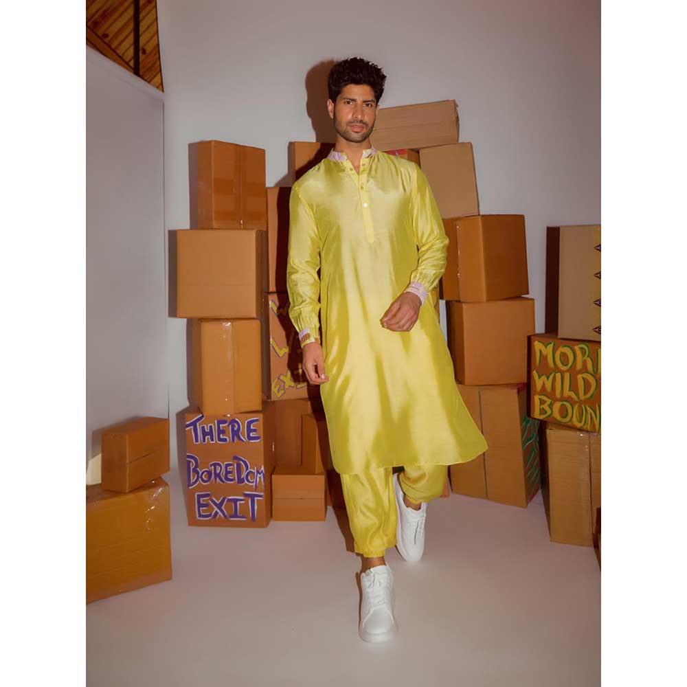 Nirmooha Yellow Kurta with Printed Cuff Detailing and Joggers (Set of 2)