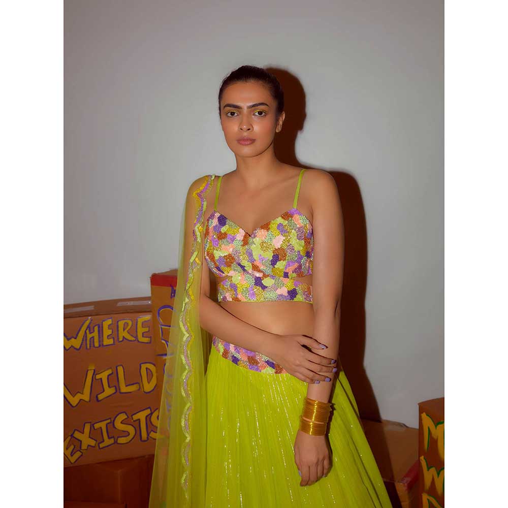 Nirmooha Neon Blouse with Lehenga & Scallop Dupatta (Set of 3)